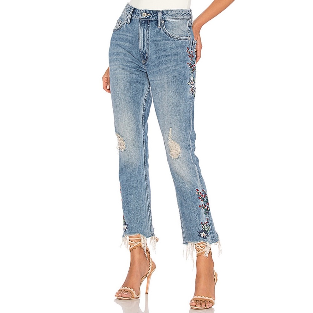 Tularosa Hailey Embroidered Straight Leg Jeans | Size 24 | Light Wash